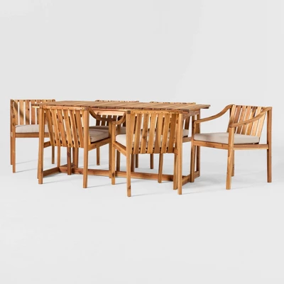 7pc Modern Slatted Wood Outdoor Dining Set - Saracina Home - Image 3