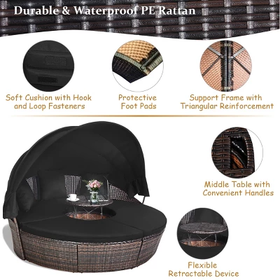 Costway Patio Rattan Daybed Cushioned Sofa Adjustable Table Top Canopy Black - Image 7