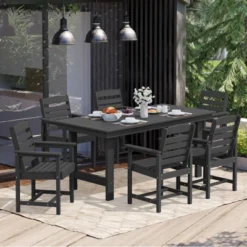 Hyleory 7pc Outdoor Dining Set, 66.9'' Rectangular Table W/Umbrella Hole And 6 Chairs