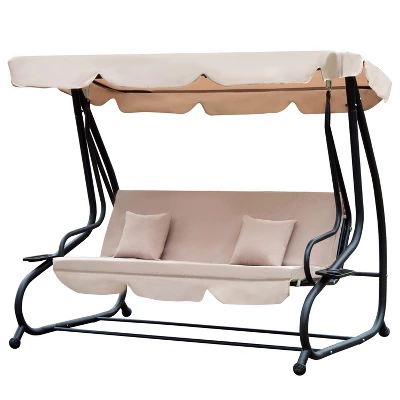 Outsunny 3 Seat Outdoor Free Standing Swing Bench Porch Swing With Stand, Comfortable Cushioned Fabric & Included Canopy - Image 6