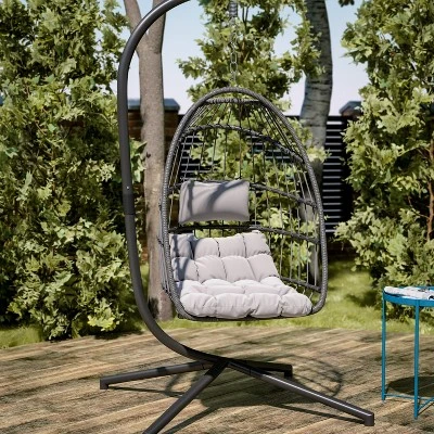Emma And Oliver Awen Foldable Hanging Egg Chair With Woven Finish, Removable Cushions, And Included Stand For Indoor And Outdoor Use - Image 8