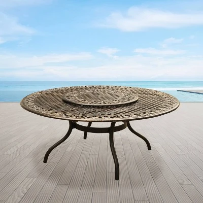 59" Round Ornate Traditional Outdoor Mesh Lattice Aluminum Dining Table With Lazy Susan - Bronze - Oakland Living - Image 2