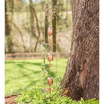 Wind & Weather Three-Bell Wind Chime Metal Garden Stake With Weathered Bronze-Colored Finish