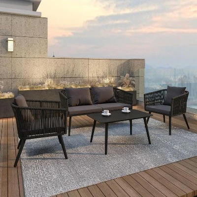 Flash Furniture Kierra Black All-Weather 4-Piece Woven Conversation Set With Gray Zippered Removable Cushions & Metal Coffee Table