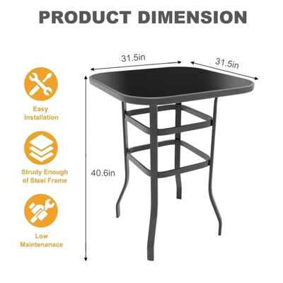ODK Outdoor Bar Table, Square Patio Table Tempered Glass, Outdoor Bistro Tables For Hot Tub, Balcony, Garden, Patio, Poolside, Lawn, Backyard