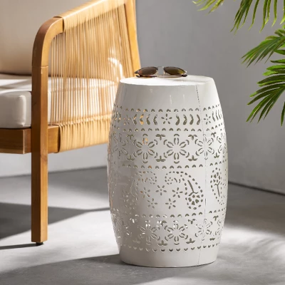Barrel-Shaped Metal Outdoor End Table With Lace-Cut Design, Transitional Accent Table For Patio Or Indoors, Patio End Tables -Christopher Knight Home - Image 5