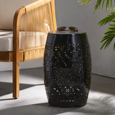 Barrel-Shaped Metal Outdoor End Table With Lace-Cut Design, Transitional Accent Table For Patio Or Indoors, Patio End Tables -Christopher Knight Home - Image 3