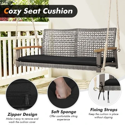 Costway 2-Person Patio Wicker Hanging Swing Chair Loveseat Cushion Porch RedBlack - Image 5