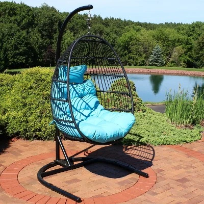 Sunnydaze Decor Sunnydaze Outdoor Resin Wicker Patio Julia Hanging Basket Egg Chair Swing With Cushions, Headrest, And Steel Stand Set - 3pc
