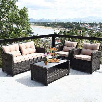 Costway 4PCS Outdoor Rattan Furniture Set Cushioned Sofa Armrest Table - Image 2