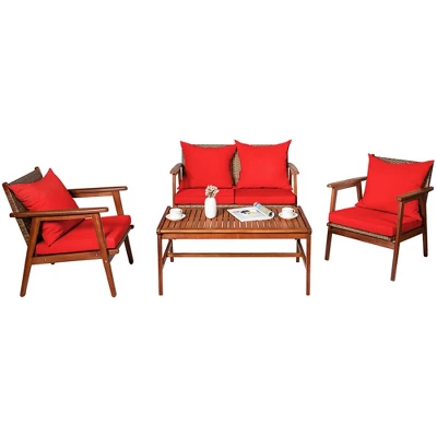 Costway 4PCS Patio Rattan Furniture Set Acacia Wood Frame Cushioned Sofa Chair - Image 2