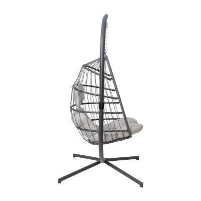Emma And Oliver Awen Foldable Hanging Egg Chair With Woven Finish, Removable Cushions, And Included Stand For Indoor And Outdoor Use - Image 3