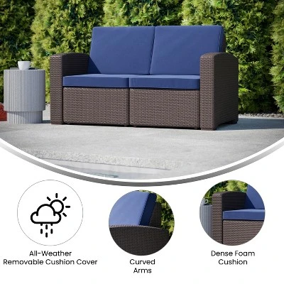 Emma And Oliver Faux Rattan Loveseat With All-Weather Cushions - Image 4