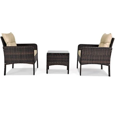 Costway 3PCS Patio Rattan Conversation Set Cushioned Sofa Chair For Garden - Image 9