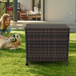 80 Gallon Large Deck Box Waterproof PE Rattan Outdoor Storage Box With Handles And Wheels, Storage Bin For Garden, Balcony, Porch, Pool, Yard