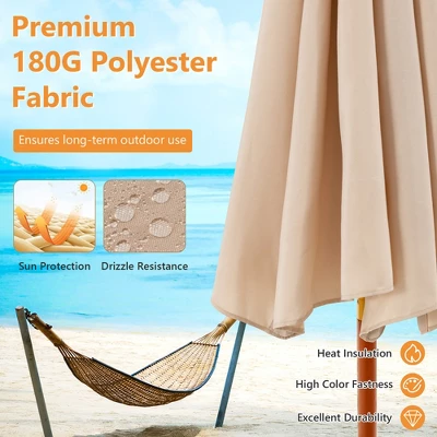 Costway 9.5 FT Patio Rope Pulley Wooden Umbrella Market W/Fiberglass Ribs Outdoor Beige - Image 5