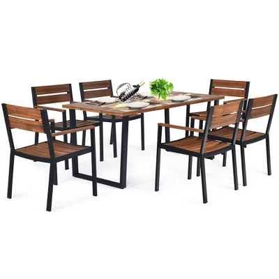 Costway 7PCS Patented Patio Dining Chair Table Set Acacia Wood Backyard W/Umbrella Hole - Image 8