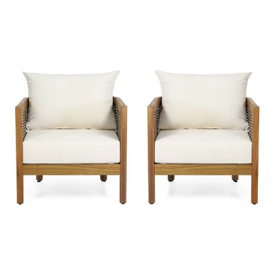 Burchett 2pk Outdoor Acacia Wood Club Chairs With Cushions - Teak/Brown/Beige - Christopher Knight Home