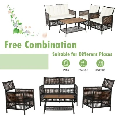 Costway 8PCS Patio Rattan Furniture Set Cushioned Chairs Wood Table Top W/Shelf - Image 4