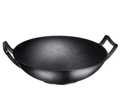 Bruntmor 14" Enameled Cast Iron Wok Nonstick Skillet Pan With Wooden Pot Lid Cover - Black