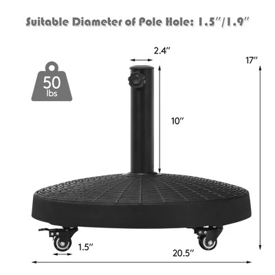 Costway 50 Lbs Round Resin Patio Umbrella Base Stand Holder W/ Lockable Wheels - Image 4