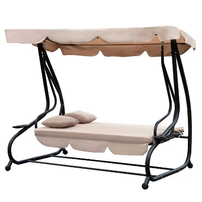 Outsunny 3 Seat Outdoor Free Standing Swing Bench Porch Swing With Stand, Comfortable Cushioned Fabric & Included Canopy - Image 3
