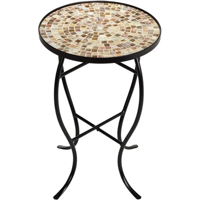Teal Island Designs Modern Black Round Outdoor Accent Side Table 14" Wide Natural Mosaic Tabletop For Front Porch Patio Home House - Image 4