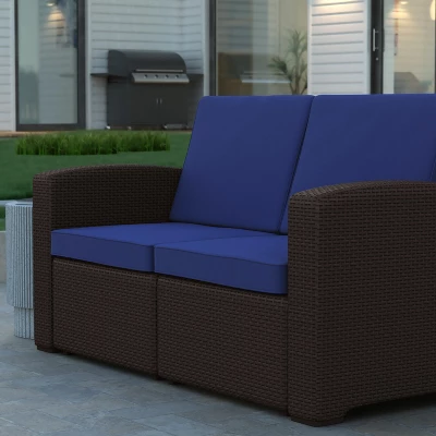 Emma And Oliver Faux Rattan Loveseat With All-Weather Cushions - Image 2