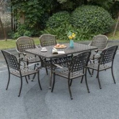 Gardenised Indoor And Outdoor Bronze Dinning Set 6 Chairs With 1 Table Bistro Patio Cast Aluminum.
