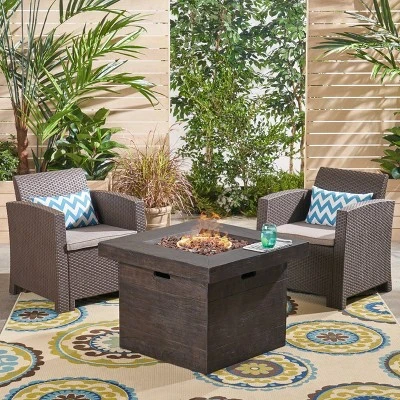 Bedrock 3pc Faux Wicker Chat Set With Fire Pit - Brown/Beige - Christopher Knight Home
