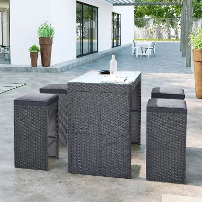 5-piece Patio Rattan Bar Dining Table Set With 4 Stools-ModernLuxe - Image 13