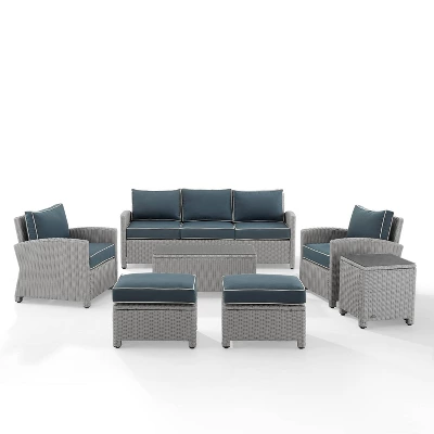 Bradenton 7pc Outdoor Wicker Sofa And Arm Chair Seating Set With Coffee Table, Side Table And 2 Ottomans - Navy/Gray - Crosley - Image 6