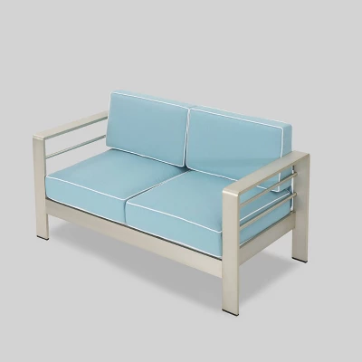 Cape Coral 2pc Aluminum Patio Loveseat & Coffee Table Set - Light Teal - Christopher Knight Home - Image 2