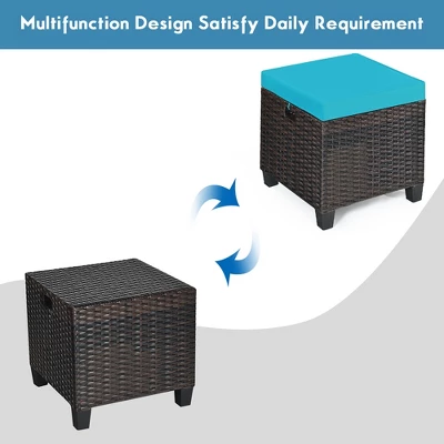Costway 2PCS Patio Rattan Ottoman Cushioned Seat W/ Foot Rest Turquoise - Image 5