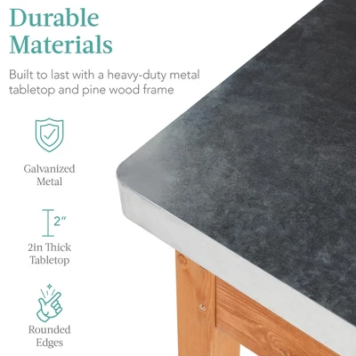 Best Choice Products Mobile Outdoor Table And Storage Cabinet W/ Hooks, 4 Wheels, Stainless Steel Top - Stained Brown - Image 3