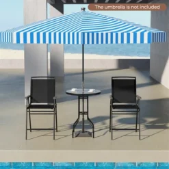 Tangkula 3-Piece Outdoor Bar Set Counter Height Patio Bistro Furniture Set W/ DPC Tabletop & Umbrella Hole