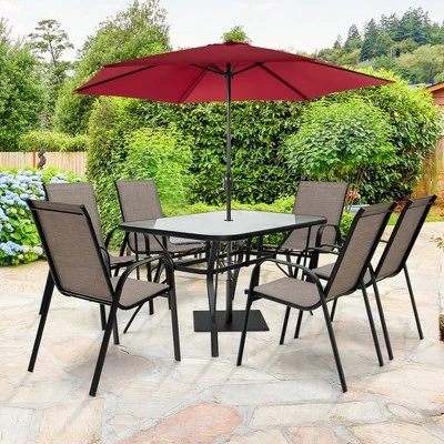Costway 7PCS Patio Dining Set 6 Stackable Chairs Glass Table Umbrella Hole Yard