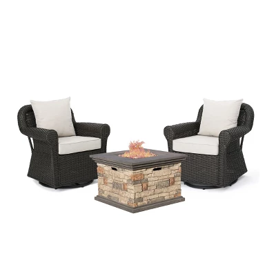 Acadia 3pc Wicker Rocker And MGO Gas Firepit Set - Dark Brown - Christopher Knight Home