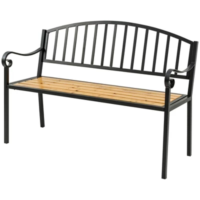 Outsunny 50" Garden Bench, Patio Loveseat With Antique Backrest, Wood Seat And Steel Frame For Backyard Or Porch - Image 3