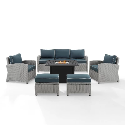 Bradenton 6pc Outdoor Wicker Sofa And Arm Chair Seating Set With Dante Fire Table And 2 Ottomans - Navy/Gray - Crosley - Image 9