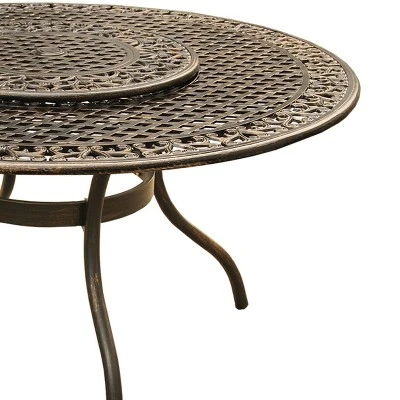 59" Round Ornate Traditional Outdoor Mesh Lattice Aluminum Dining Table With Lazy Susan - Bronze - Oakland Living - Image 3