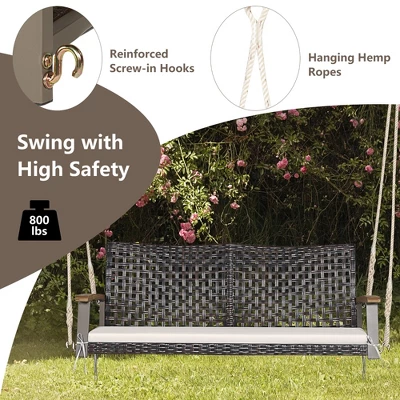Tangkula 2-Seat Rattan Porch Swing Chair Outdoor Wicker Swing Bench W/ Seat Cushion - Image 5
