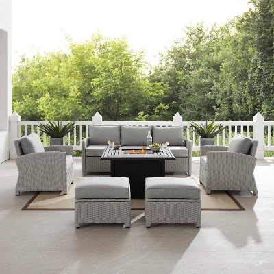 Bradenton 6pc Outdoor Wicker Sofa And Arm Chair Seating Set With Dante Fire Table And 2 Ottomans - Gray/Gray - Crosley - Image 2