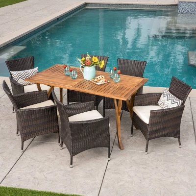 Bennett 7pc Acacia Wood And Wicker Dining Set - Christopher Knight Home - Image 7