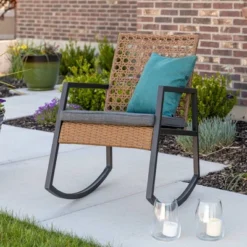 Komodo Modern Boho Faux Rattan & Metal Outdoor Rocking Chair With Cushion - Brown/Gray - Saracina Home
