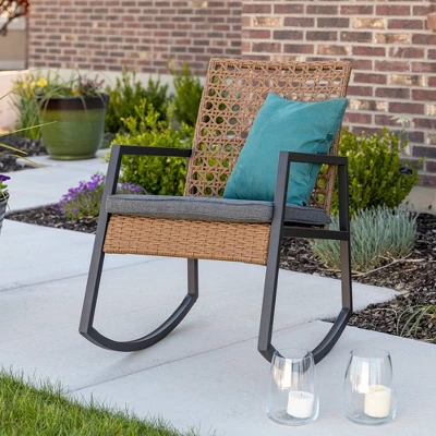Komodo Modern Boho Faux Rattan & Metal Outdoor Rocking Chair With Cushion - Brown/Gray - Saracina Home