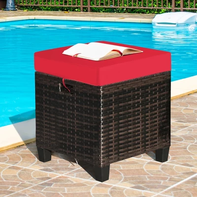Costway 2PCS Patio Rattan Ottoman Cushioned Seat Foot Rest Coffee Table Red