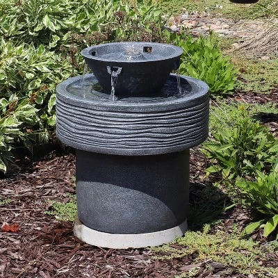 Sunnydaze Decor Sunnydaze 20"H Electric Resin 2-Tier Round Bird Bath Outdoor Water Fountain With LED Lights