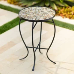Teal Island Designs Modern Black Round Outdoor Accent Side Table 14" Wide Natural Mosaic Tabletop For Front Porch Patio Home House