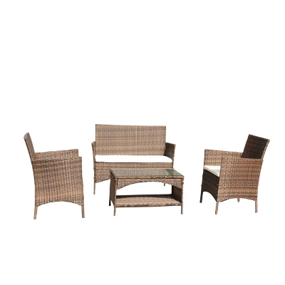 4pc Rattan Wicker Outdoor Lounge Chair With Cushions - Brown/Beige - GODEER - Image 7